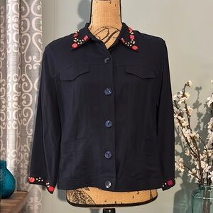 Ruby Rd. Beaded Neckline Button Up Linen Blend Shirt Jacket/Blazer